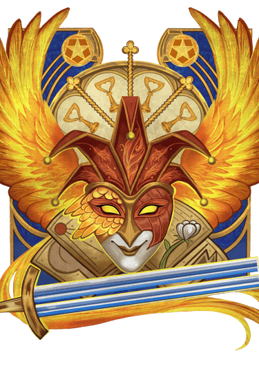 Fools Reborn Logo. Carnival Mask in front of fiery wings, surrounded by tarot suit imagery.