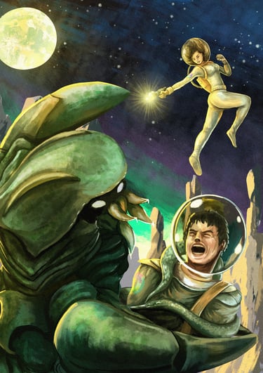 Two earth space agents battling a Oklych alien. Gamut RPG.