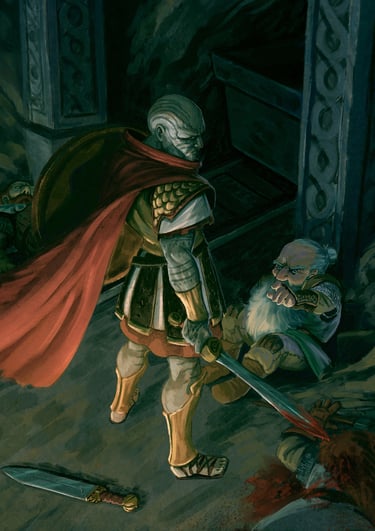 A tall greystone-skinned warrior dressed in classical bronze age style. (Art David Ledesma - Creea) 