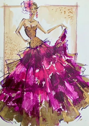 Original Fashion Artwork by Marina Saba, Hot Pink gown, runway fashion and red carpet fashion..