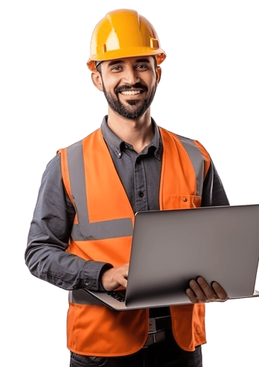 Smiling construction worker in an orange safety vest and hard hat holding a laptop.