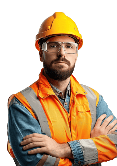 Professional male construction worker wearing a yellow hard hat and orange safety vest.
