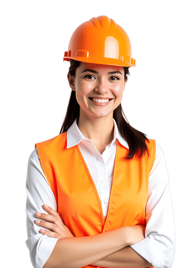 Smiling female construction engineer wearing an orange hard hat and safety vest with arms crossed.
