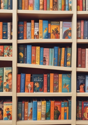 A collection of children's books neatly organized between two yellow bookends shaped like school buses, placed on a dark wooden shelf. The books have colorful spines and include popular titles, creating a bright and playful arrangement.