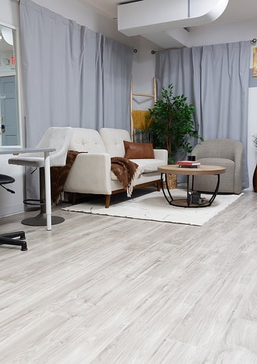 a living room with a couch and a chair