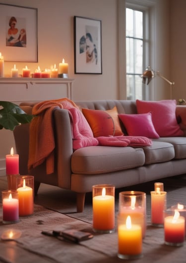 Aromatic candles in green and dark brown jars are placed on a dotted fabric surface. Pine cones and other natural elements surround the candles, contributing to a cozy, forest-like setting. A small evergreen branch is also visible in the background, adding to the rustic feel.