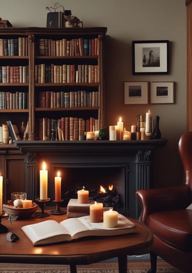 Aromatic candles in green and dark brown jars are placed on a dotted fabric surface. Pine cones and other natural elements surround the candles, contributing to a cozy, forest-like setting. A small evergreen branch is also visible in the background, adding to the rustic feel.