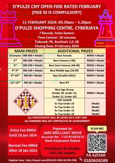 Malaysia Chess. Catur Malaysia. D’pulze CNY Open FIDE Rated February