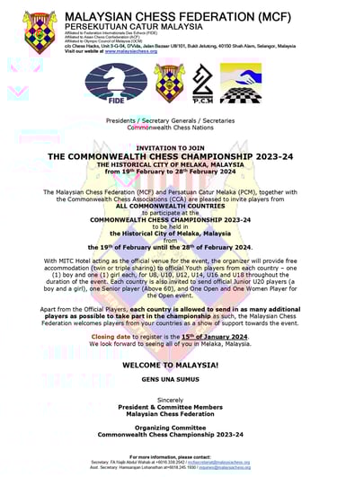 Malaysia Chess. Catur Malaysia. Malaysian Chess Federation. Commonwealth Chess Championship 2023-24
