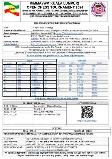 Malaysia Chess KIMMA (WP Kuala Lumpur) Open Chess Tournament 2024 
