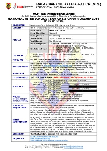 Malaysia Chess MCF – IGBIS National Inter School Team Chess Championship 2024