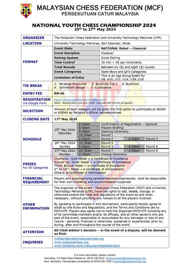 Malaysian National Youth Chess Championship 2024 Catur Malaysia Chess Tournament