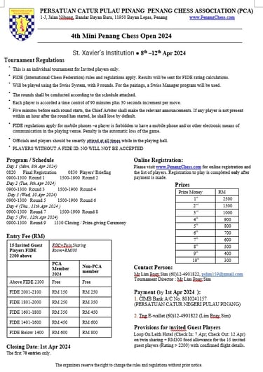 Malaysia Chess. Catur Malaysia. Penang Chess. 4th Mini Penang Chess Open 2024