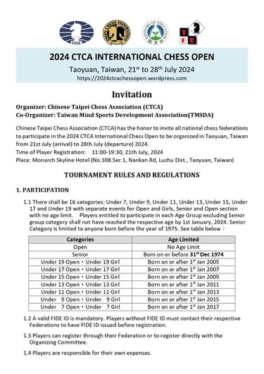2024 CTCA International Chess Open. Taiwan Chess.  西洋棋