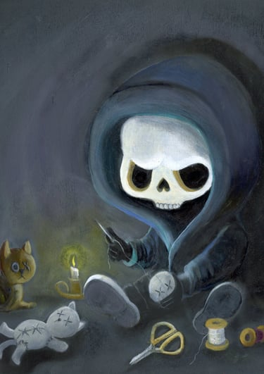 a painting of a skeleton making cat dolls