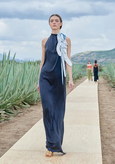 a woman in a blue dress walking down a path