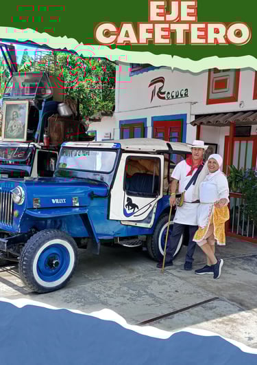 Pareja disfrutando de la visita a la finca Recuca en el Eje cafetero colombiano, junto a un vehículo