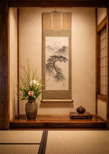Traditional Japanese tokonoma alcove featuring a hanging scroll, ikebana flower arrangement, and tatami flooring.