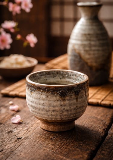Traditional ceramic Japanese sake cup on a rustic wooden table with cherry blossoms and a tokkuri carafe.