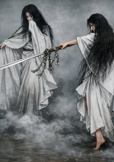 Two long-haired women in ethereal white robes holding a bladed polearm in a smoky, gothic setting.