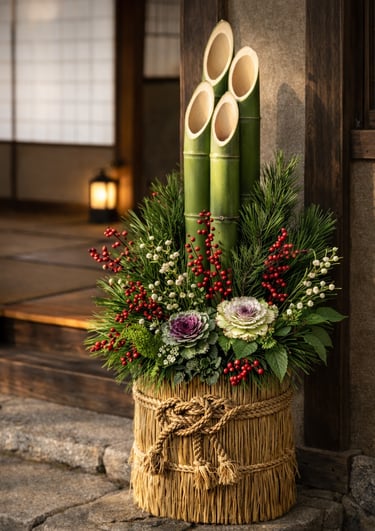 Traditional Japanese Kadomatsu decoration with bamboo and pine at the entrance of a house.