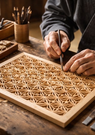 Artisan hand-carving a traditional Japanese Kumiko wood pattern on a wooden workbench.