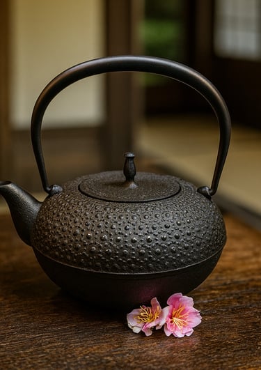 Traditional Japanese cast iron tetsubin teapot with pink cherry blossoms on a wooden table.