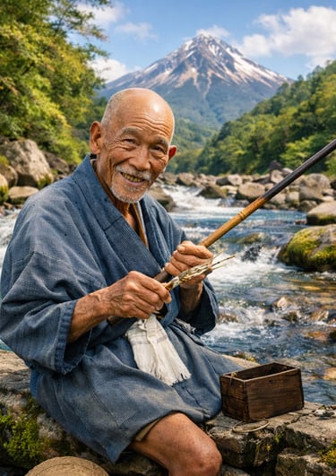 A smiling senior Japanese fisherman in traditional blue clothing fishing by a river near Mount Fuji.