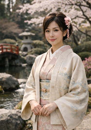 A Japanese woman in a traditional silk kimono poses in a zen garden with cherry blossoms.