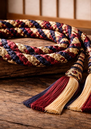 Hand-braided Japanese kumihimo silk cord with tassels on a rustic wooden surface.