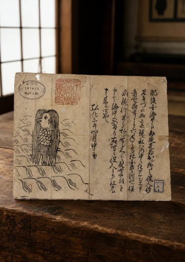Vintage Japanese woodblock print of an Amabie yokai with traditional calligraphy on aged paper.