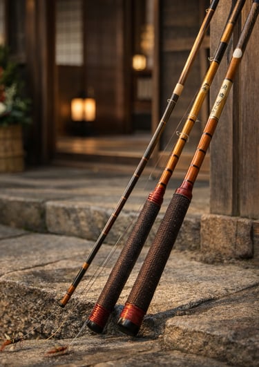 Vintage handcrafted bamboo fly fishing rods leaning against a traditional Japanese stone step.