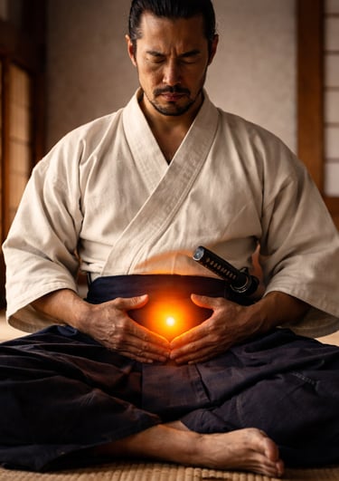 A samurai warrior in a kimono meditates with glowing energy in his hands inside a dojo.