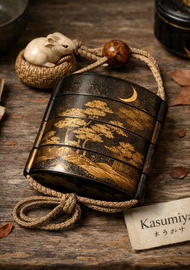 Antique Japanese inro case with gold maki-e lacquer landscape on a rustic wooden table.