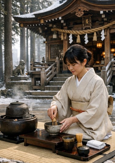 A Japanese woman in a kimono performs a traditional tea ceremony at a winter Shinto shrine.