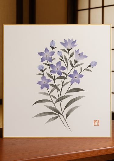 Traditional Japanese ink wash painting of purple bellflowers on a square shikishi board.