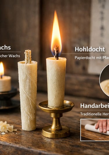Traditional handmade plant wax candles with hollow paper wicks on a rustic wooden table.