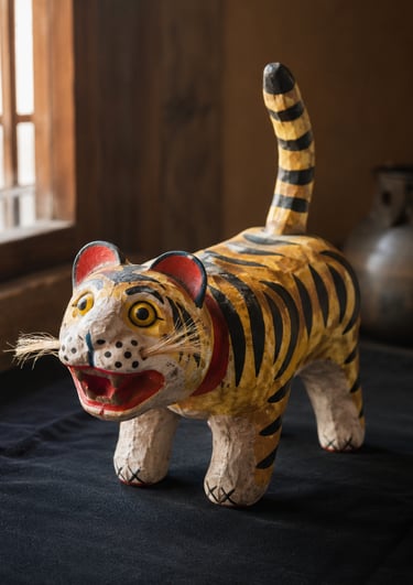 Handcrafted vintage Japanese papier-mache tiger figurine Hariko-tora with striped tail and whiskers.