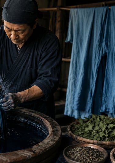 A Japanese artisan hand-dyeing fabric in a traditional indigo vat with hanging blue textiles.