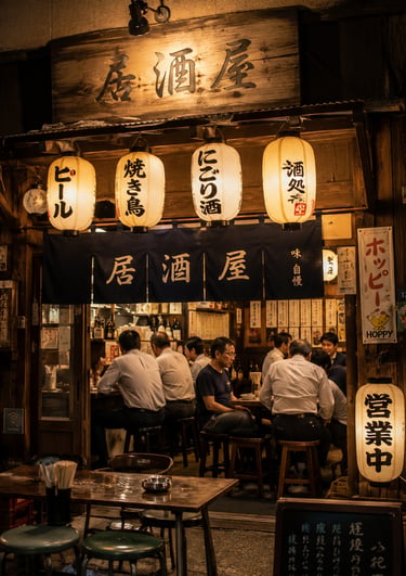 Diners at a traditional Japanese izakaya bar with glowing paper lanterns and noren curtains.