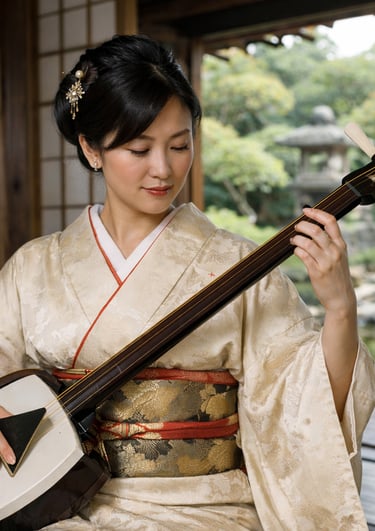 A Japanese woman in a traditional silk kimono playing a shamisen luth instrument in a zen garden.