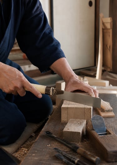 A woodworker uses a Japanese pull saw to cut a wooden block on a traditional workbench.
