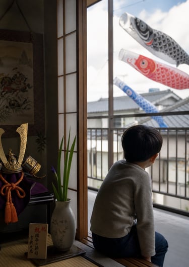 A young boy watching Koinobori carp streamers fly outside during Japanese Children's Day.