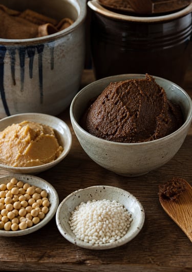 Traditional dark and light miso paste in ceramic bowls with soybeans and rice koji ingredients.