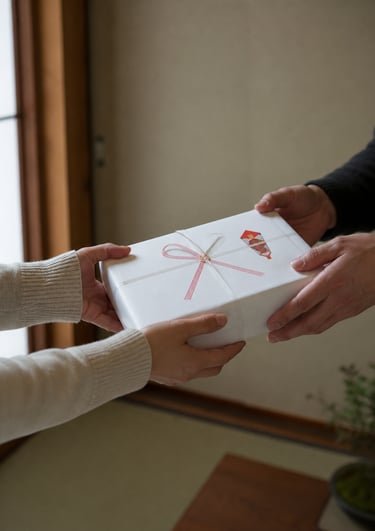 A person handing a traditional Japanese gift box wrapped in white paper with a mizuhiki bow to another person.