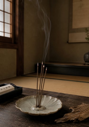 Aromatic incense sticks burning in a ceramic holder on a wooden table in a traditional Japanese room.