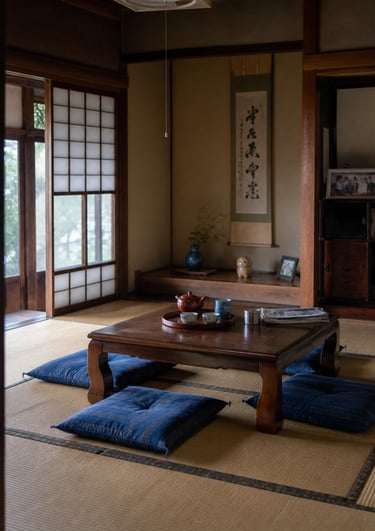 Traditional Japanese tea room with tatami mats, low wooden table, and blue floor cushions.