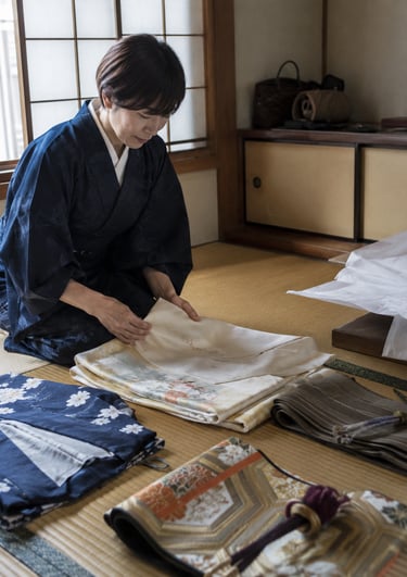 A Japanese woman in a blue kimono carefully folding traditional silk garments on a tatami mat.