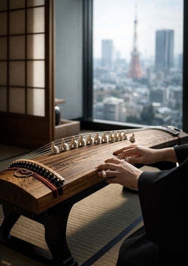 Musician playing a traditional Japanese koto instrument with a blurred Tokyo Tower skyline view.