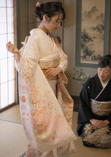 A young woman wears a floral silk kimono while an elder woman in a black kimono assists.
